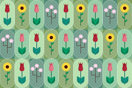 Spring bauhaus pattern. Colorful spring flowers seamless pattern with floral, tropical, botanical for background, backdrop, fabrics, textiles, fiber, wallpaper and print in vector spring style.