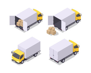 Fototapeta premium Box truck in isometric view isolated. A set of an empty van and a van loaded with boxes. Vector illustration.