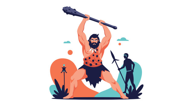 Mighty caveman figure holding a heavy wooden club above his head in a primitive prehistoric landscape.