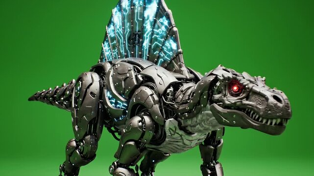 Intricate Metallic Robotic Spinosaurus Standing Idle Against A Vibrant Green Screen Background With Detailed Mechanical Parts And Glowing Red Eyes