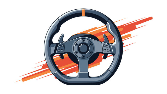 Racing car steering wheel with paddle shifters over an abstract orange and red background to show speed and motion.