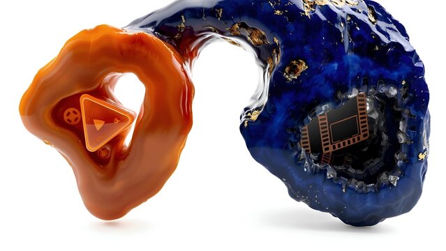 Abstract organic shapes in orange and blue connect, featuring a play button overlaying one side and film strips on the other.