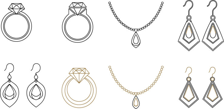 Luxury Jewelry Vector Icon Set Featuring Diamond Rings Necklaces and Earrings in Minimalist Geometric Outline Style for Fashion and Wedding Branding