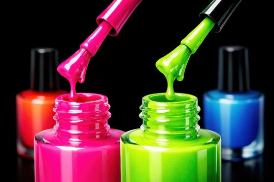 Vibrant neon nail polish bottles with dripping brushes on a dark background
