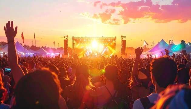 Vibrant outdoor music festival crowd silhouetted against a golden sunset with a brightly lit stage