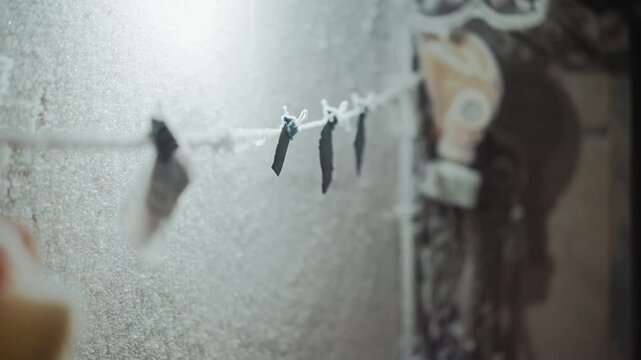 Frozen clothespins on frosty indoor clothesline, closeup of ice crystals on wooden clips, dim cool light, vintage lock and textured wall in background, quiet abandoned mood suggesting nuclear winter