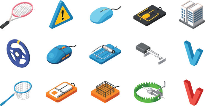 Isometric trap and hazard icons set with mousetrap, mouse, warning sign, building, tools and symbols vector illustration isolated on white background for design use
