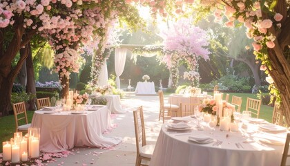 Fototapeta premium Enchanting outdoor wedding reception setup with elegant tables, floral decorations, and soft lighting creating a magical atmosphere