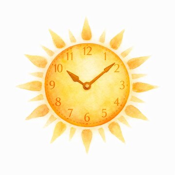 Watercolor painting of a sun clock design on a white background