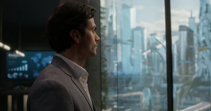 White Businessman in a Modern Office Stands by a Window, Looking at a Futuristic City of Flying Cars and Infrastrucure, Success of Tomorrow. Cinematic Positive Vision of Future Concept