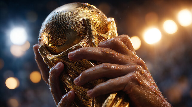 In the image, hands are holding a golden trophy in the shape of a ball. The background is blurry, with bright lights. The trophy glitters, creating a sense of celebration.