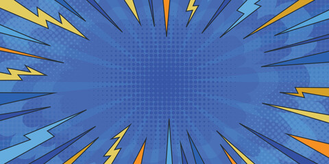 Blue comic book explosion background with lightning, speed line and yellow thunder flash. Pop art burst dynamic backdrop with halftone. Vector superhero sale banner © DesignToonsy