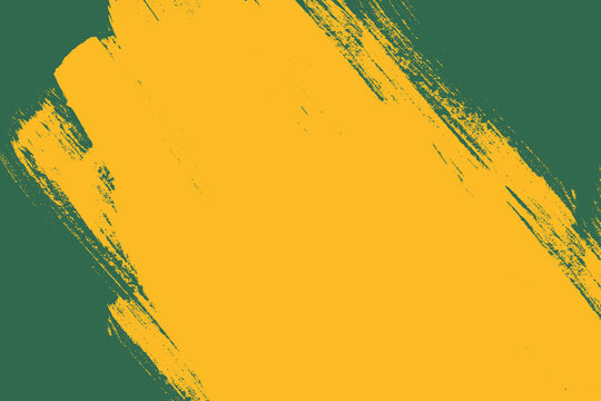 Grunge bold paintbrush smear background. Urban yellow brush stroke stain texture on green background. Vector distressed overlay dry paint texture for poster, web banner, ads, cover, social media.