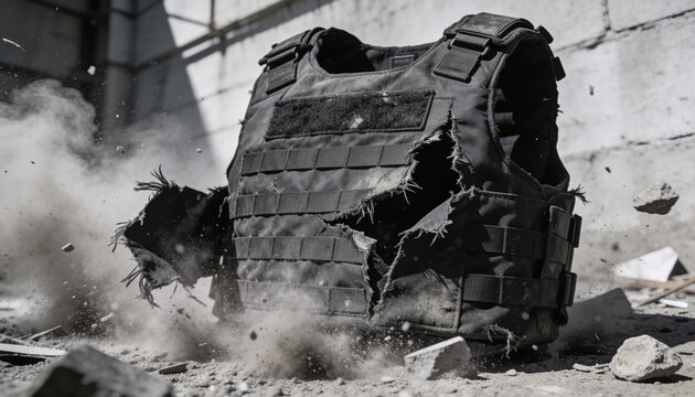 Displaying black tactical plate carrier with shredded panels and MOLLE webbing on damaged floor