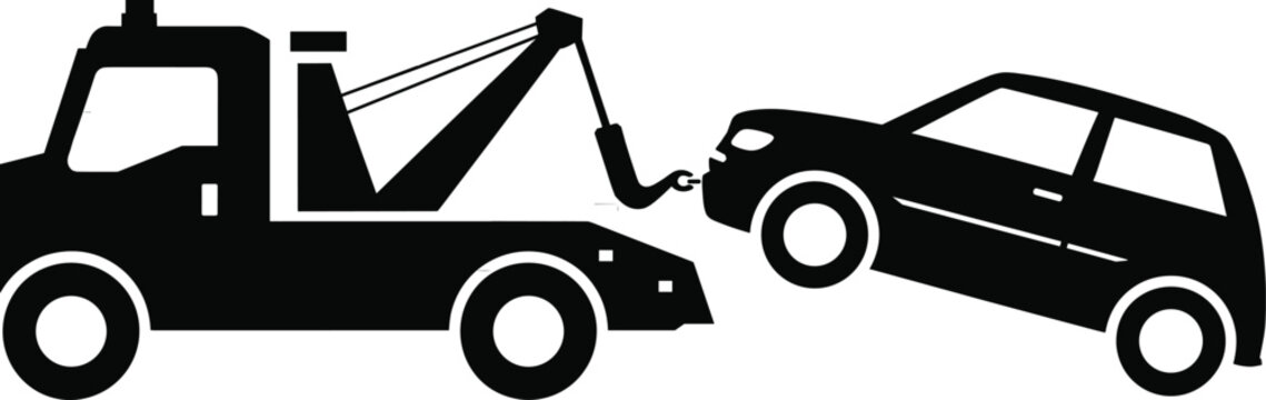 Tow truck silhouette towing a broken car, roadside assistance service and vehicle recovery icon