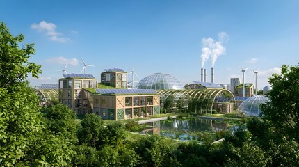 Obraz premium Futuristic eco city with renewable energy sources lush greenery and modern sustainable architecture