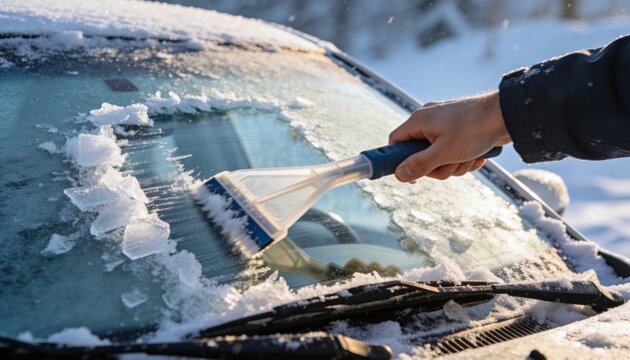 Scraping right hand in dark sleeve clearing windshield on parked car, with plastic scraper