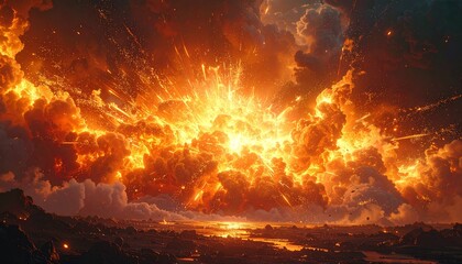 Naklejka premium Cataclysmic explosion ignites the sky with intense fiery energy over a distant landscape