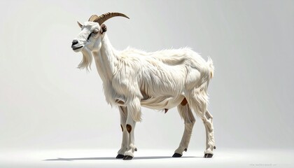 Fototapeta premium A majestic white goat standing attentively on a plain white background, showcasing its detailed features and horns