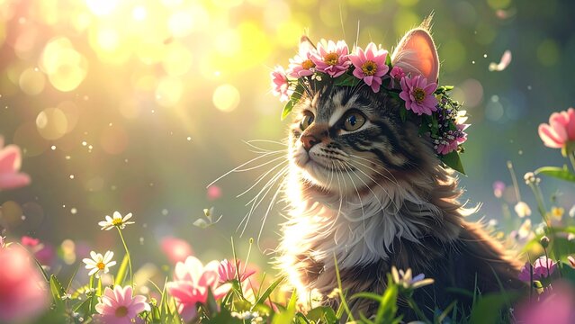 Spring cat with flower crown in blooming meadow, dreamy sunlight and bokeh background