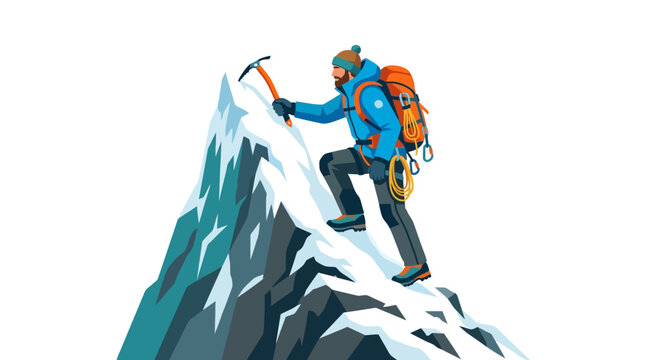 Man climbing a snowy mountain peak with ice axe.