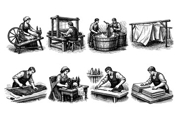 Naklejka premium Vintage textile manufacturing process with people working on different stages