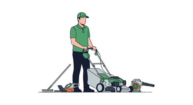 A man in a green uniform and cap stands next to a lawnmower, rake, hedge trimmer, and leaf blower on a light grey ground.