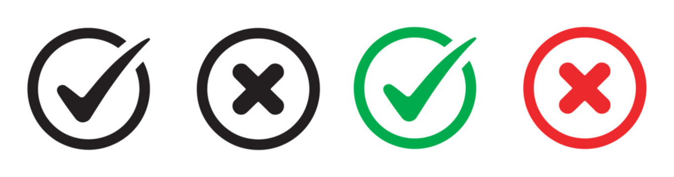 Green tick and red cross checkmarks, right and wrong icons set, approval rejection symbols, checkmark and X mark vector illustration