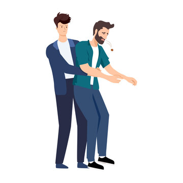 Heimlich technique is demonstrated by man saving friend who was choking and pressing on stomach to restore breathing. Girl provides first aid and uses heimlich technique to avoid harm to health.