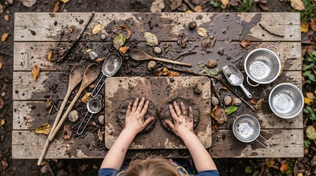 Top view of child hands making mud pies on a wooden board with spoons and metal utensils during messy outdoor sensory play.