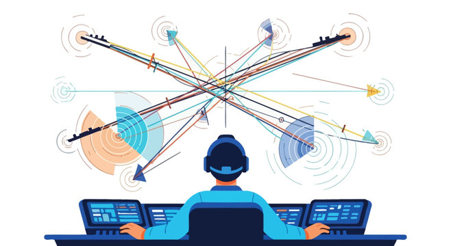 Man in Control Room Monitoring Complex Network Data.