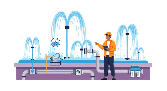 Man Inspecting Fountain System with Tablet.