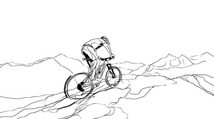 Obraz premium Minimalist continuous-line drawing of a cyclist navigating a mountain trail in bold black on white