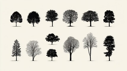Fototapeta premium Minimalist forest silhouettes: diverse tree shapes against pure white backdrop