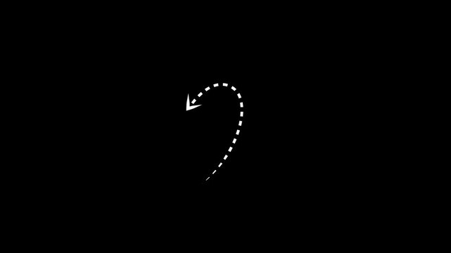 Curve Dash line arrow direction icon with dotted line video animation on Black background. Dashed and dotted arrow animation. Animated dashed arrow pointing. 