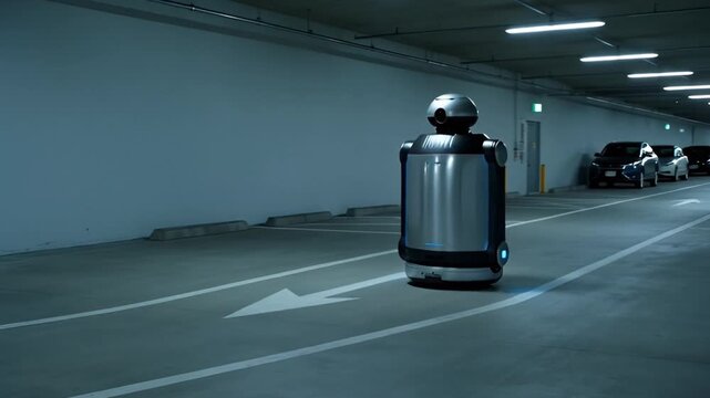 Autonomous robot navigates dimly lit parking structure indoors