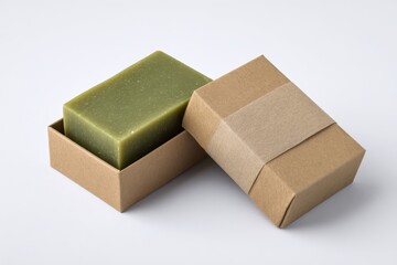 Minimalist olive soap bar with natural kraft wrap and simple packaging on a white studio backdrop