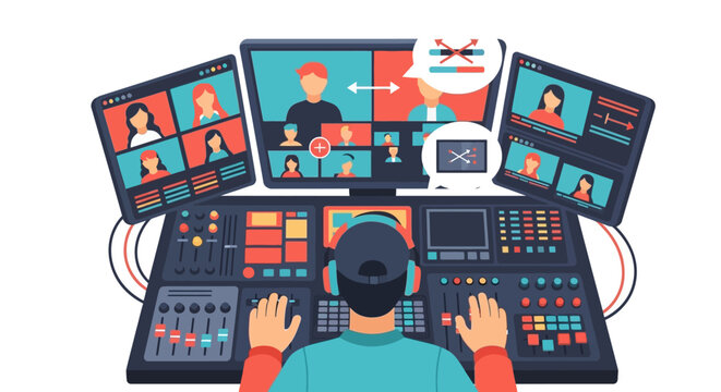 Man operating complex video production equipment for online broadcast.