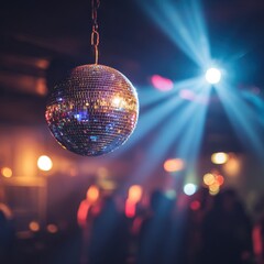 Obraz premium Mirrored sphere casting vibrant beams across a dim nightclub ambiance