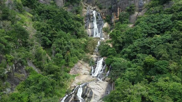 Drone Pulling Back from Ravana Falls &ndash; Scenic Waterfall and Lush Green Landscape in Ella Sri Lanka