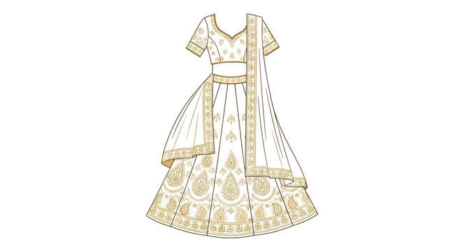 A detailed line art illustration of an Indian lehenga choli with intricate patterns is displayed on a plain white background.