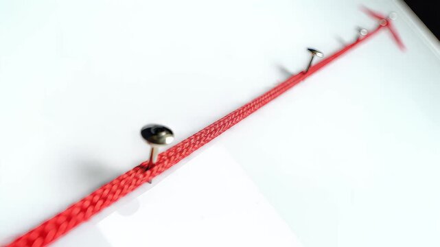 Close-up of a red braided cord secured by nails on a white surface.