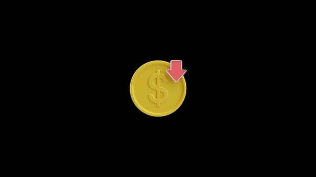 3D animation of Gold dollar coin with red downward arrow