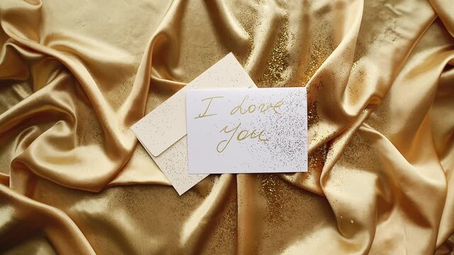 Romantic Love Letter Video - "I Love You" Card on Gold Satin Silk Fabric with Glitter