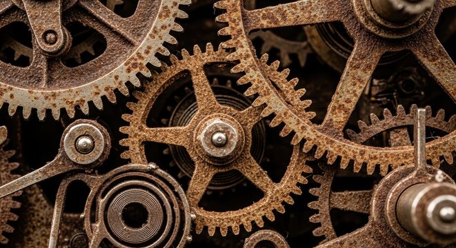 Intricate Rusty Clockwork Gears Macro Shot Detailed Mechanical Engineering Ancient Technology Close Up