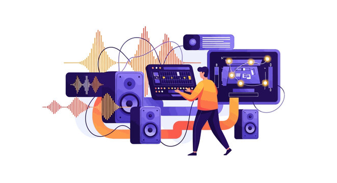 Man working on audio production equipment with speakers and monitors.