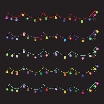 Colorful festive light garlands in various vibrant tones hanging against a dark background