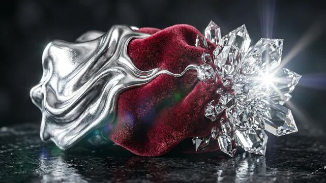 Close-up showcase of a diamond brooch with silver flower petals on dark surface, product photography perspective highlighting luxury detail