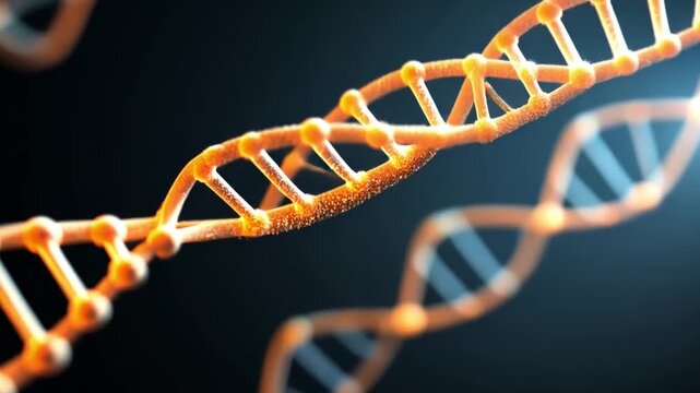 Close-up View of DNA Strands with Light Reflection on Dark Background