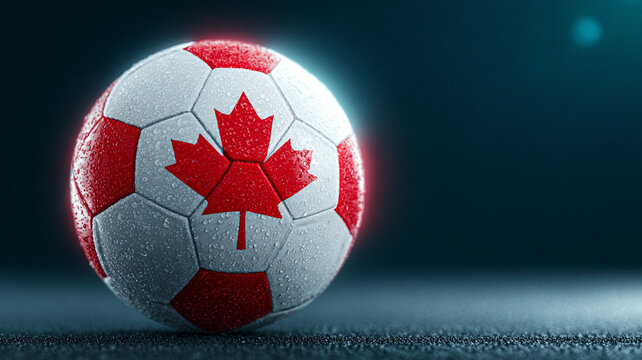 FIFA. a soccer ball with a large red maple leaf on a blue background. The background is blurry.